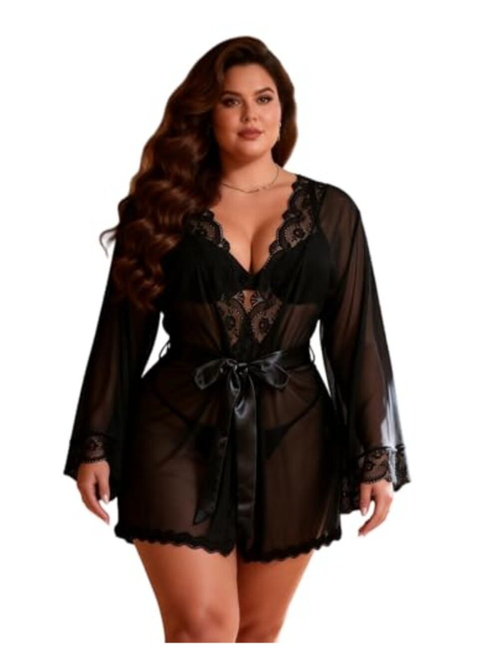 Womens Plus Size Lace Kimono Robe Sheer Mesh Bathrobe Cover Up